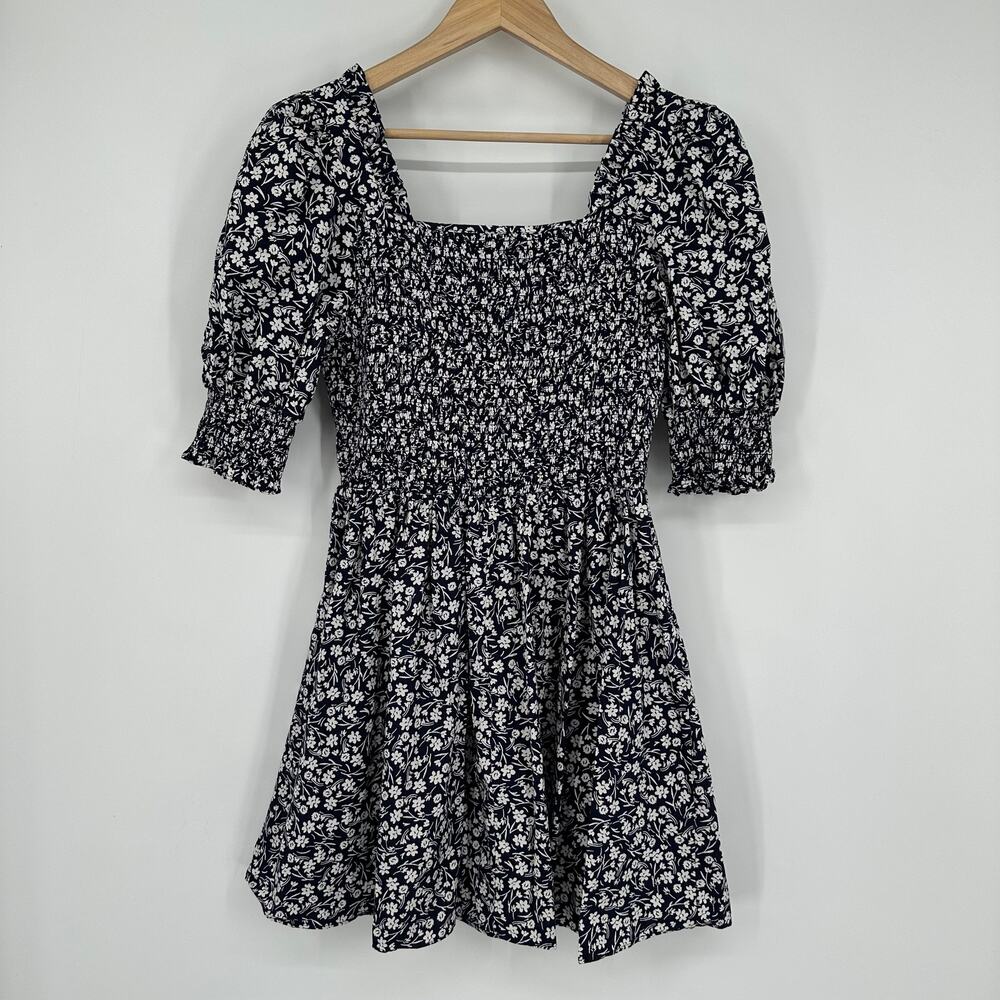 1.State Floral Print Puff Sleeve Smocked Mini Dress Square Neck Fit and Flare - Picture 8 of 13